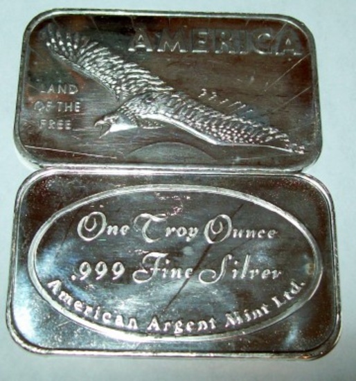 1977 American Argent Mint Vintage Flying Eagle 1 troy oz. .999 Fine Silver Bar Bullion