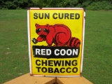 Porcelain Enamel Sun Cured Red Coon Chewing Tobacco Sign Store Advertising Sign