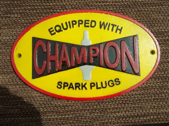 Cast Iron Equipped with Champion Spark Plugs Dealer Sign