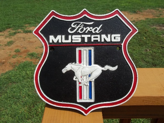 Large Heavy Cast Iron Ford Mustang Car Wall Sign Plaque