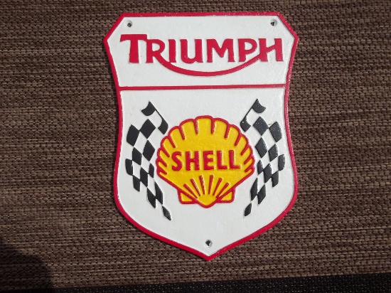 Heavy Large Cast Iron Triumph Shell Wall Sign Plaque Motorcycle Gas Oil Sign