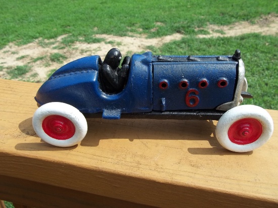 Cast Iron Blue #6 Race Car Pull Toy Engine Cover Opens On Both Sides Racer Car With Driver Toy