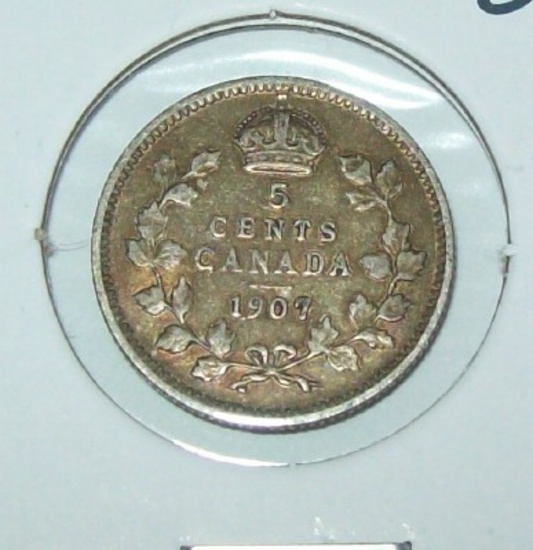 1907 Canada Silver 5 Cent Foreign Coin Five Cent