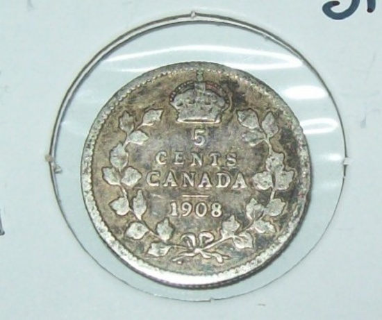 1908 Canada Silver 5 Cent Foreign Coin Five Cent