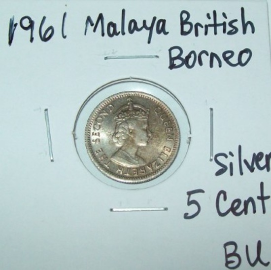 1961 Malaya British Borneo Silver 5 Cent BU Coin