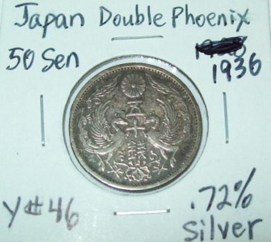 1936 Japan Double Phoenix 50 Sen .72% Silver Coin KM #Y46