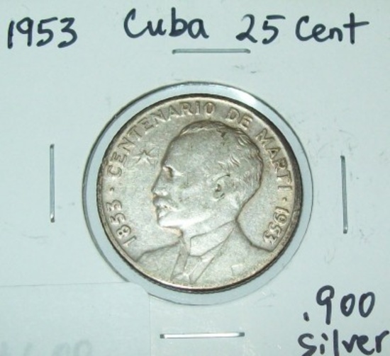 1953 Cuba 25 Cent 90% Silver Quarter