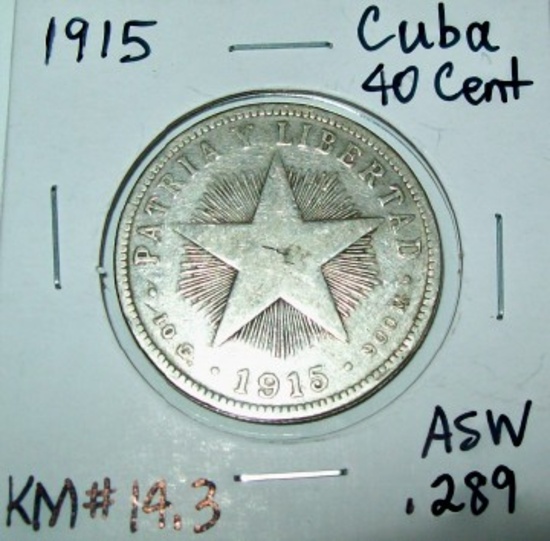 1915 Cuba 40 Centavos Silver Coin