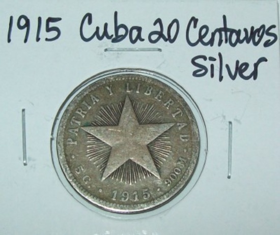 1915 Cuba 20 Centavos Silver Coin
