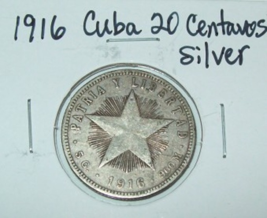 1916 Cuba 20 Centavos Silver Coin