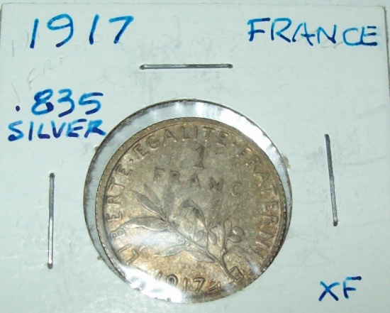 1917 France One Franc XF .835 Silver Foreign Coin