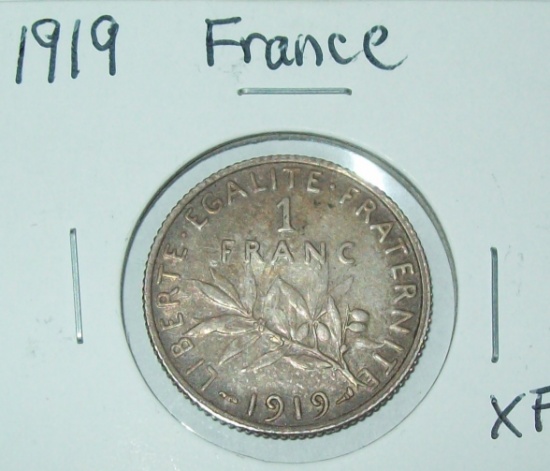 1919 France One Franc XF .835 Silver Foreign Coin