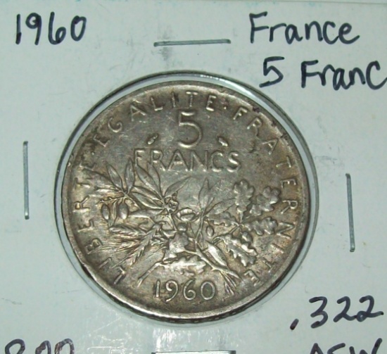 1960 France 5 Francs Silver Coin .322 ASW