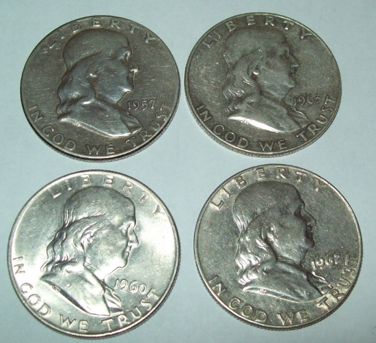 Lot of 4 Franklin Half Dollars 1957, 1960-D, 1962-D, 1963-D