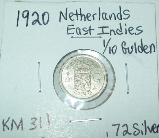 1920 Netherlands East Indies 1/10 Gulden .720 Silver Coin KM #311
