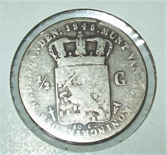 1848 Netherlands 1/2 Gulden Silver Coin KM #73.1