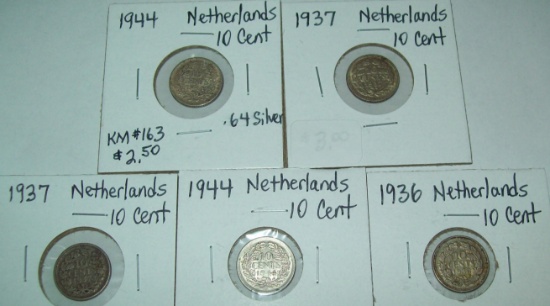 Lot of 5 Netherlands Silver 10 Cent Foreign Coins 1936, 1937, 1944