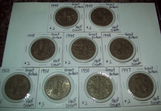 Lot of 9 Great Britain Half Crown Coins 1947, 1948, 1949, 1950, 1951