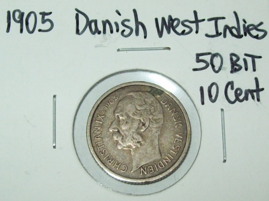 1905 Danish West Indies 50 Bit 10 Cent Silver Coin