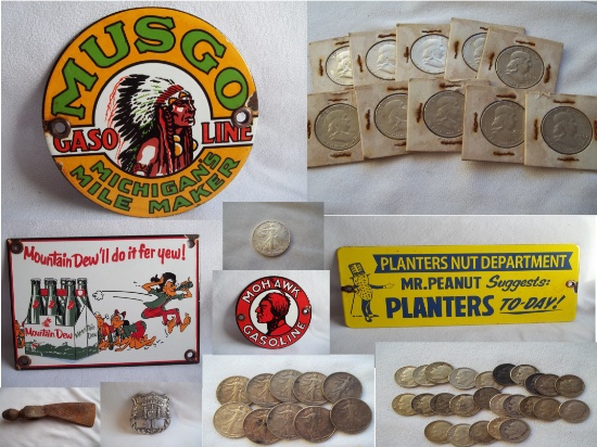 Collectible Auction Porcelain Signs & Silver Coins