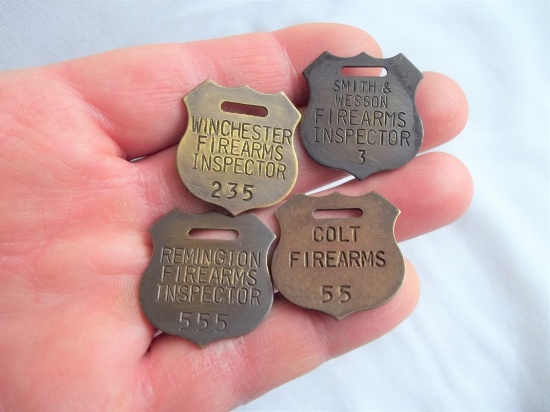 Set of 4 Brass Firearms Inspector Gun Tags Colt,  Remington, Smith and Wesson & Winchester