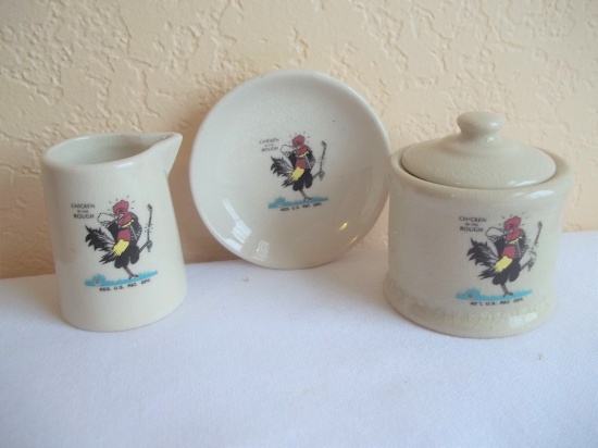 3 Pc Chicken In The Rough Syracuse China USA Golfing Rooster Restaurant Dining Set
