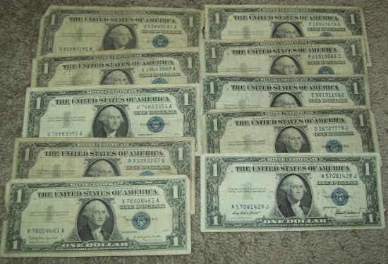 Lot of 10 $1 Silver Certificates One Dollar
