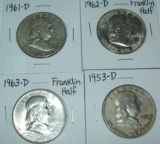 Lot of 4 Franklin Half Dollars $2.00 Face Value 90% Silver