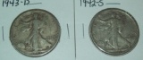 1942-S & 1943-D Walking Liberty 90% Silver Half Dollars