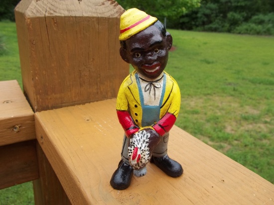 Cast Iron Black Americana Black Boy Catching A Chicken Coin Money Bank