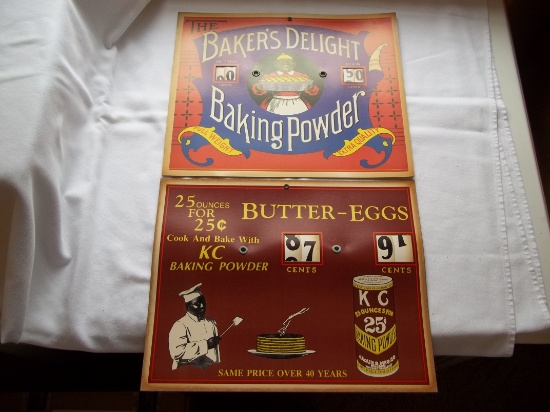 2 Black Americana Advertising Cardboard Butter Eggs Baking Powder Price Boards Change Price w/ Dial
