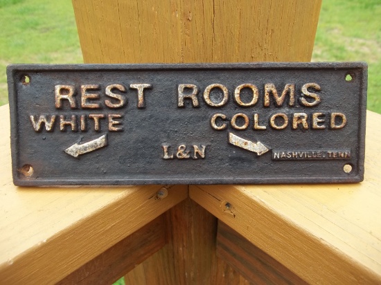 Cast Iron Segregation Sign Rest Rooms White Colored L&N Railroad Nashville Tenn Sign