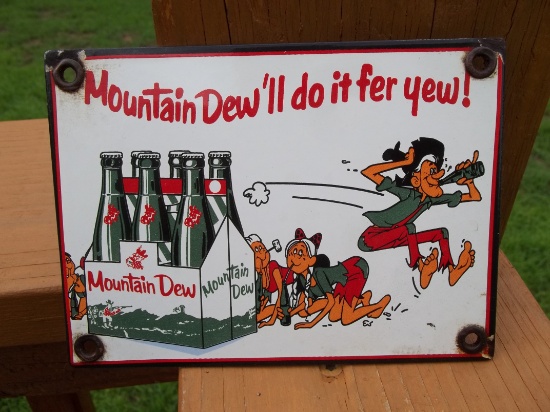 Porcelain Mountain Dew Door Sign Push Plate Hillbilly Soda Advertising Sign