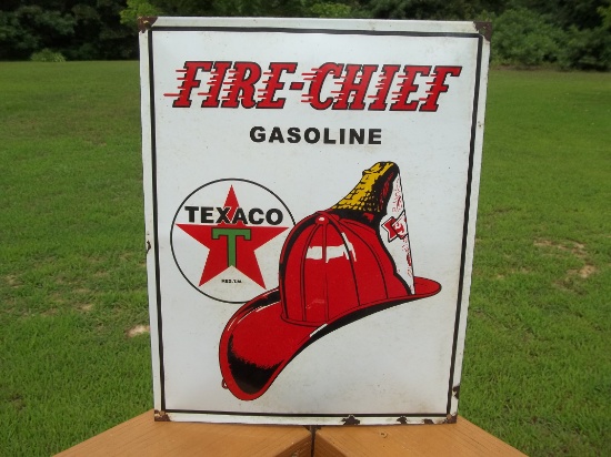 Large Fire Chief Texaco Gasoline Porcelain Sign Pump Plate Fire Helmet Logo