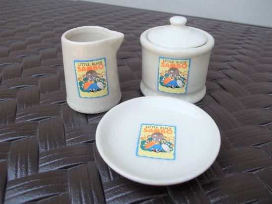 Little Black Sambo Ceramic Pottery Condiment Set Sugar Butter Plate & Creamer