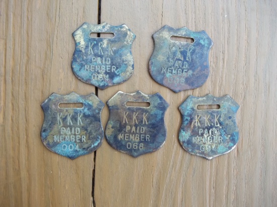 5 Old Brass KKK Paid Member Numbered Tags