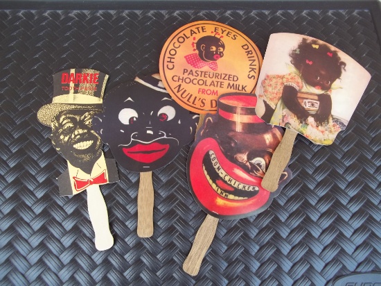 5 Black Americana Paper Hand Fans With Wood Handles Smoking Joes Chocolate Drinks Mabel's Wash Etc.