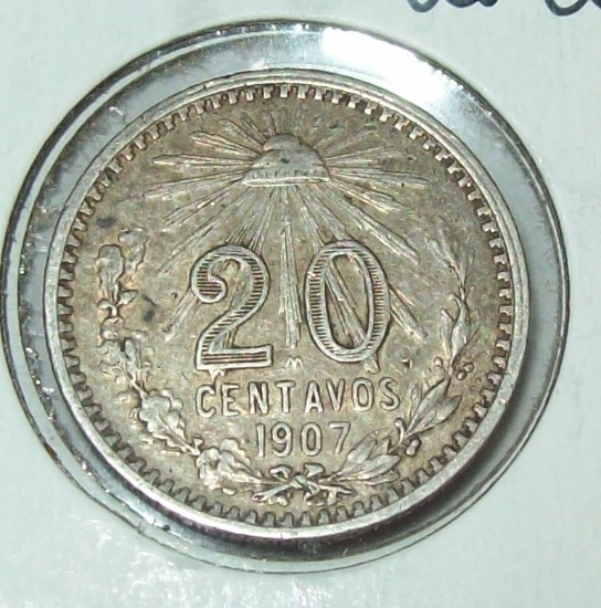 1907 Mexico 20 Centavos Silver Coin VF
