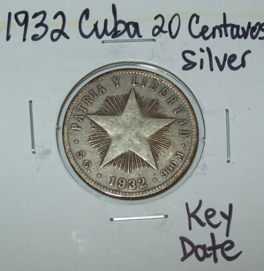 1932 Cuba 20 Centavos Silver Coin Key Date