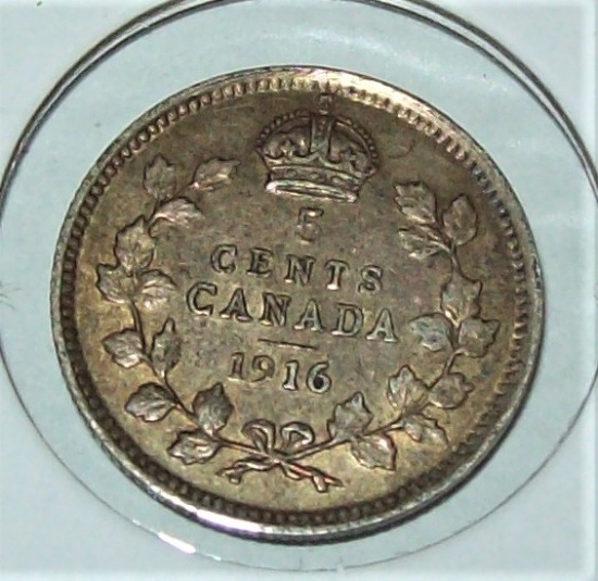 1916 Canada 5 Cent Silver Coin AU