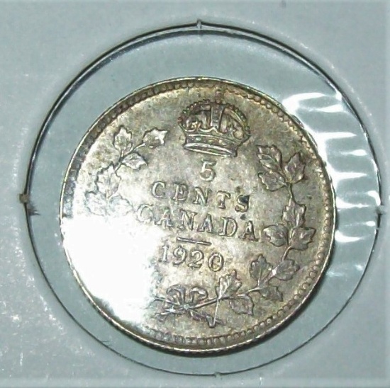 1920 Canada 5 Cent Silver Coin XF