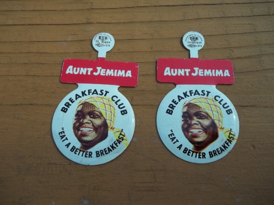 2 Aunt Jemima Breakfast Club Tin Metal Buttons Tags Eat A Better Breakfast Green Duck Co. Chicago