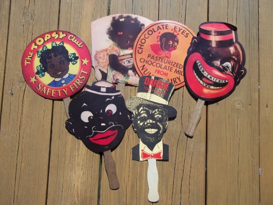 6 Black Americana Paper Hand Fans With Wood Handles Smoking Joes Chocolate Drinks Mabel's Wash Etc.