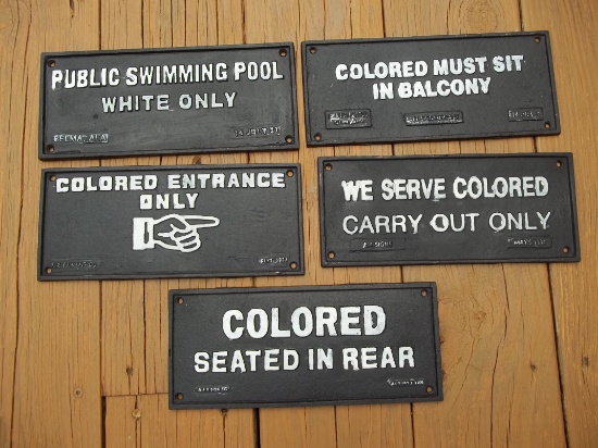 5 Heavy Cast Iron Segregation Signs Colored Seated In Rear Public Swimming Pool White Only Etc.