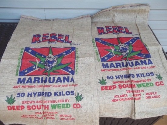 2 Rebel Brand Burlap Marijuana Bags 50 Hybrd Kilos Deep South Weed Co. Atlanta Mobile Orlando Etc.