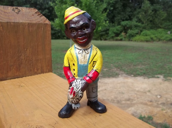 Cast Iron Black Americana Black Boy Catching A Chicken Coin Money Bank