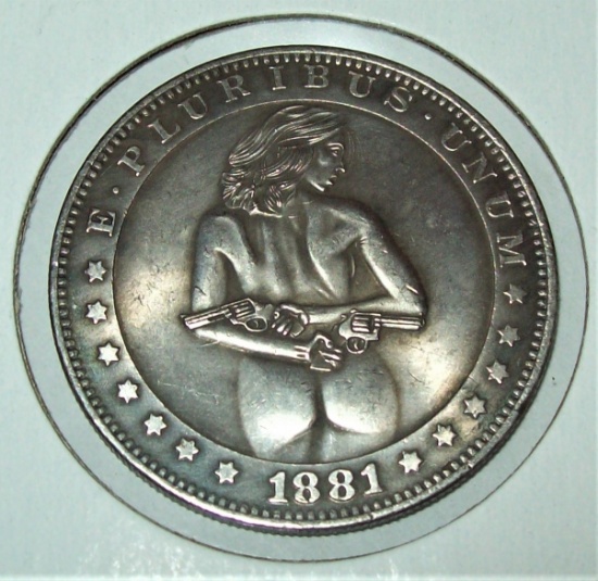 1881-CC Hobo Morgan Dollar Fantasy Coin Two Pistols Nude Lady