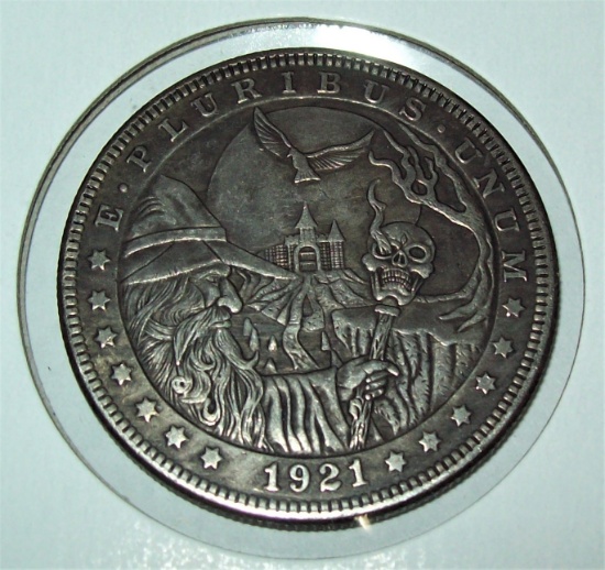 1921 Hobo Morgan Dollar Fantasy Coin Halloween Merlin Skull