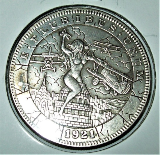 1921 Hobo Morgan Dollar Fantasy Coin Naked Lady on Building Fighting Planes