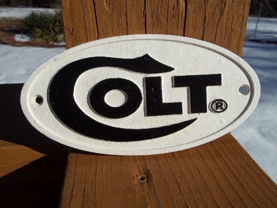 Cast Iron Oval Colt Gun Firearms Wall Sign Plaque 7 Inches Wide
